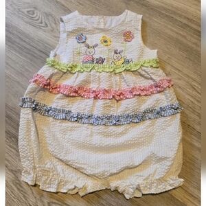 Vintage Samara Embroidered Overalls 6-9 Month Romper White Strip Bunnies